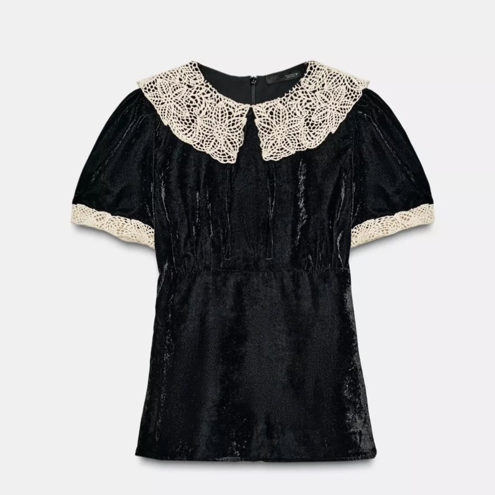 Zara NWT Black Velvet Crochet Bow Top/Shirt/Blouse size XL - Picture 6 of 17